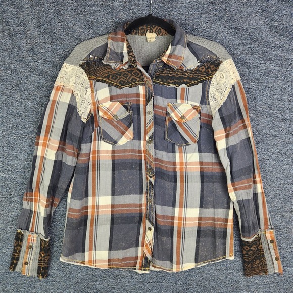 Gimmicks by BKE Womens Plaid Distressed Button Up Long Sleeve Blue Orange Sz Med - Picture 1 of 11